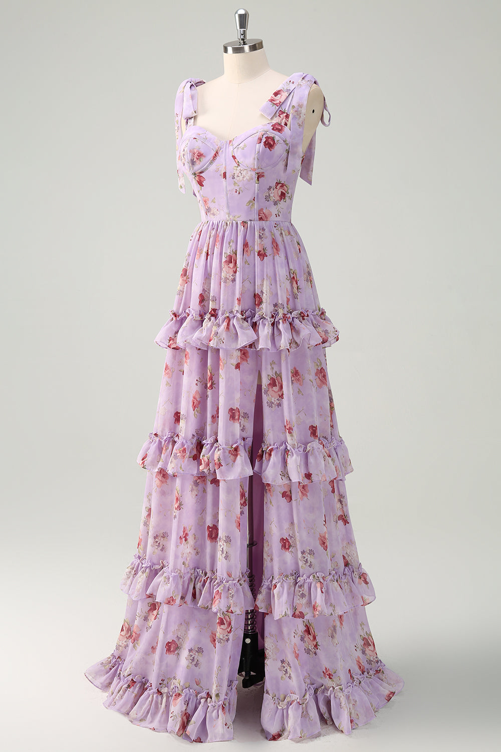 Grey Purple Corset Floral A-Line Bridesmaid Dress with Slit