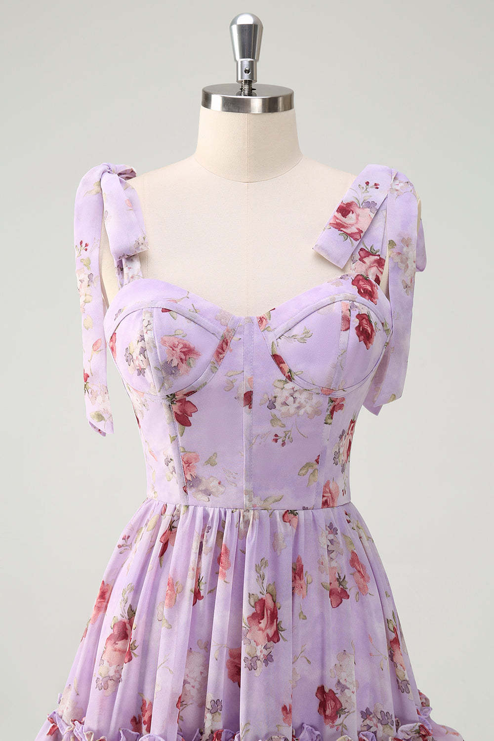 Grey Purple Corset Floral A-Line Bridesmaid Dress with Slit