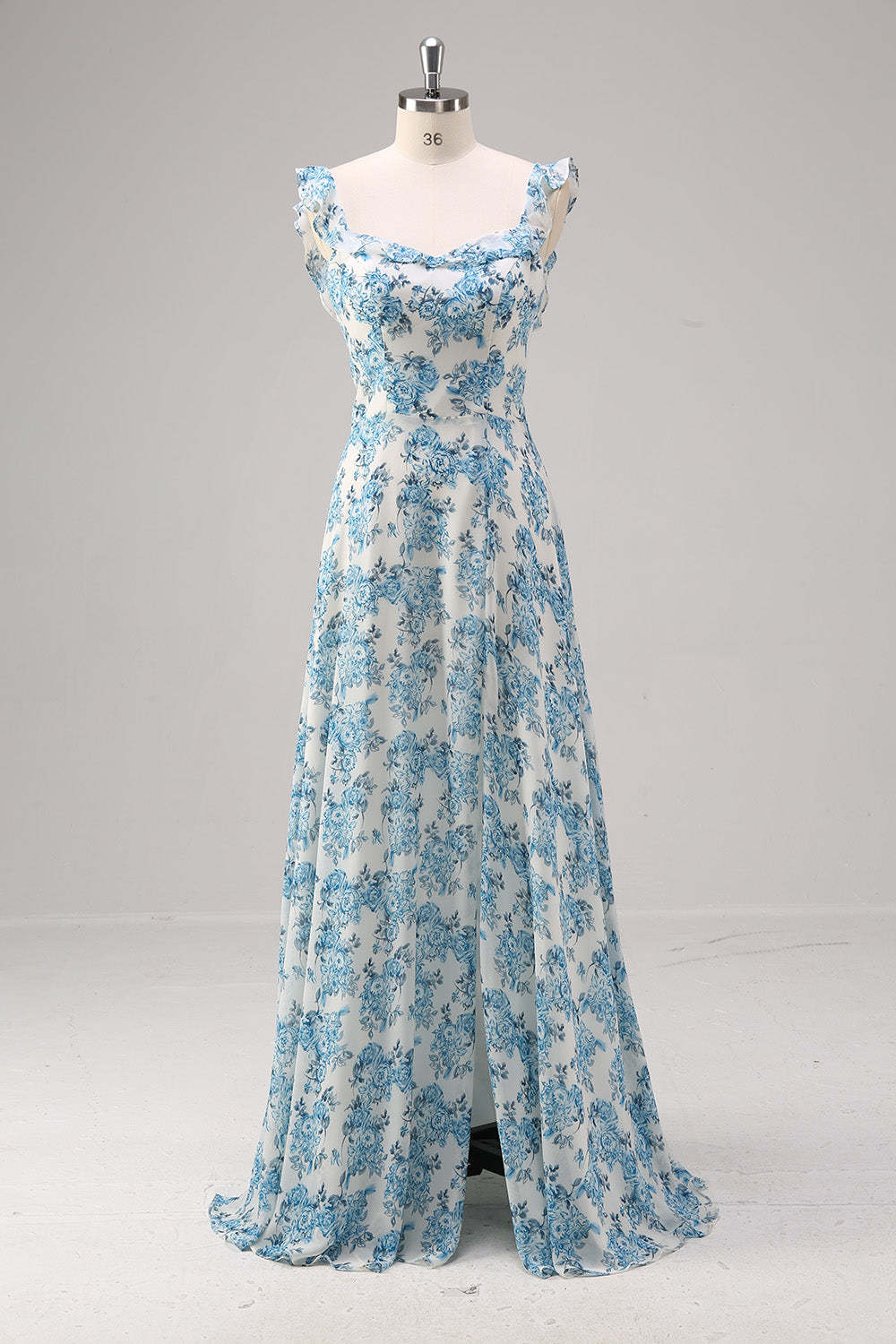 White Blue Flower Spaghetti Straps A Line Backless Bridesmaid Dress with Slit