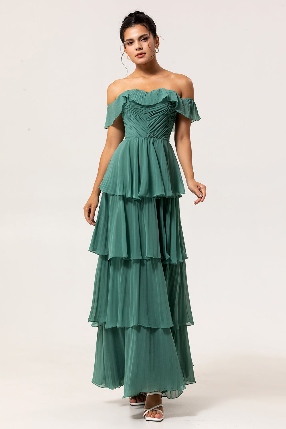 Leely Women Eucalyptus Chiffon Maxi Bridesmaid Dress Tiered Off the Shoulder Ruched Summer Wedding Guest Dress