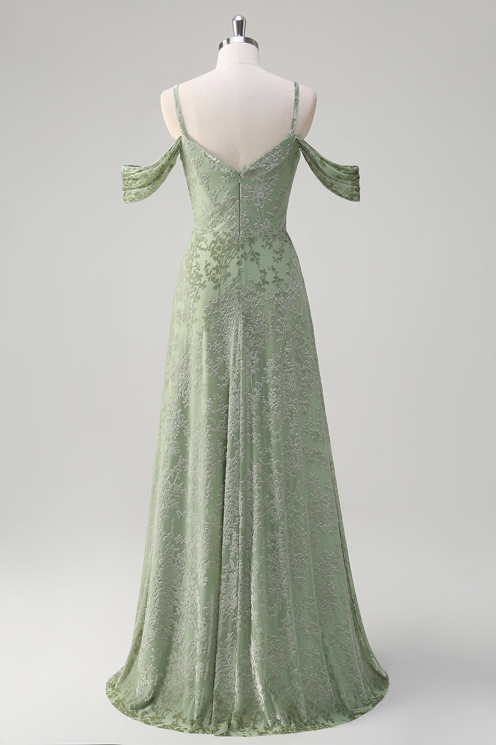 Dusty Sage Cold Shoulder Floral Burnout Velvet Bridesmaid Dress with Slit