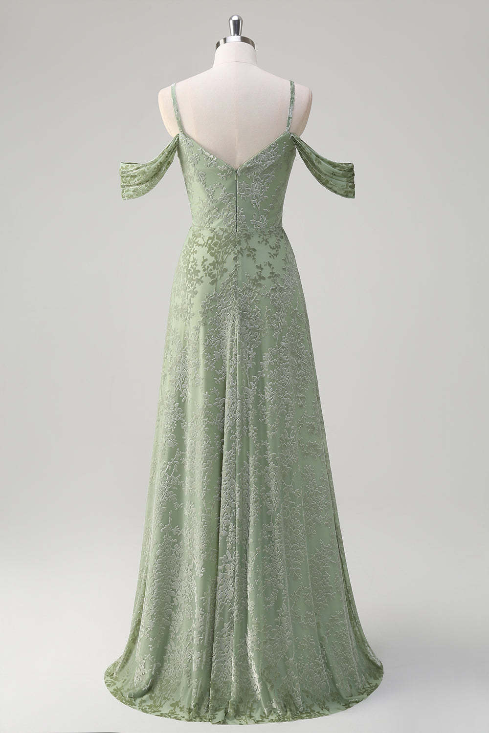 Dusty Sage Cold Shoulder Floral Burnout Velvet Bridesmaid Dress with Slit