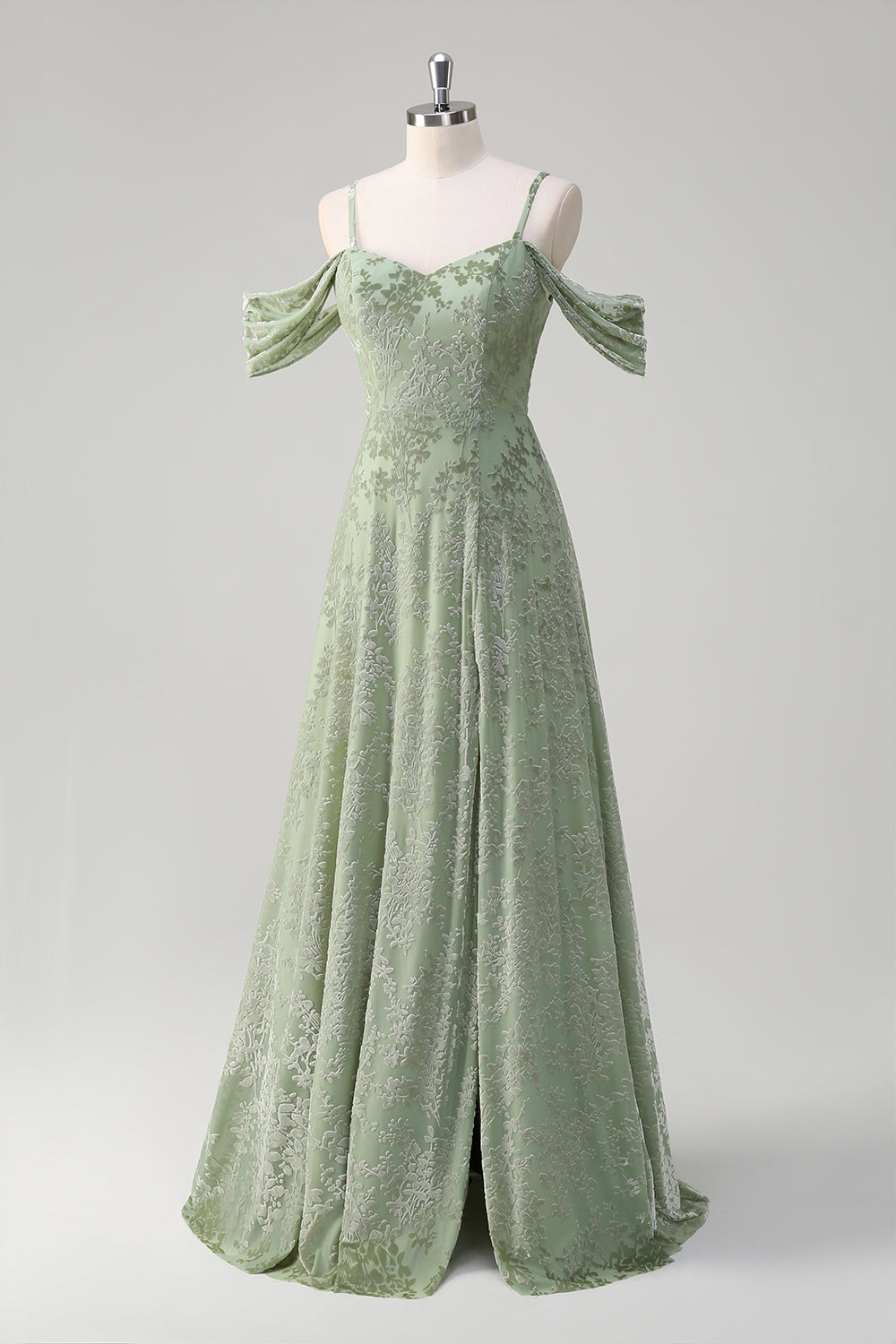 Dusty Sage Cold Shoulder Floral Burnout Velvet Bridesmaid Dress with Slit