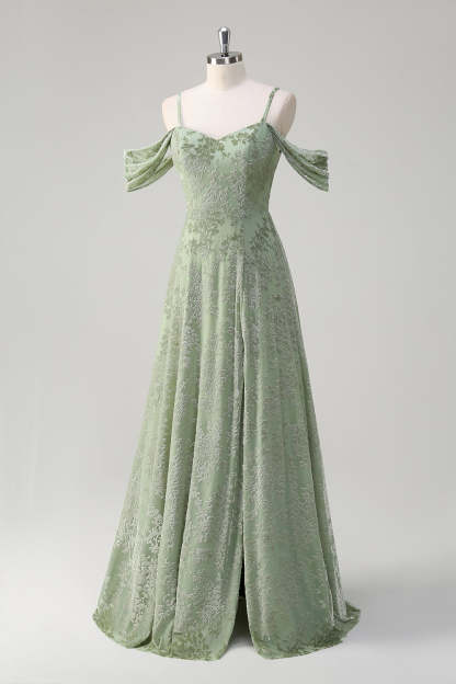 Dusty Sage Cold Shoulder Floral Burnout Velvet Bridesmaid Dress with Slit