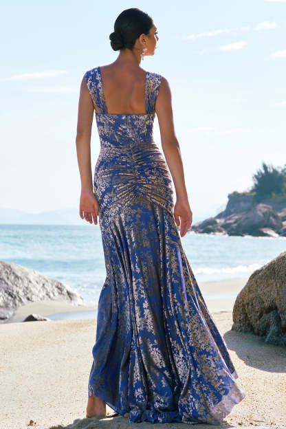 Grey Blue Mermaid Ruched Burnout Velvet Bridesmaid Dress