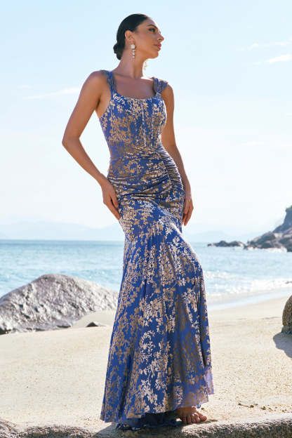 Grey Blue Mermaid Ruched Burnout Velvet Bridesmaid Dress