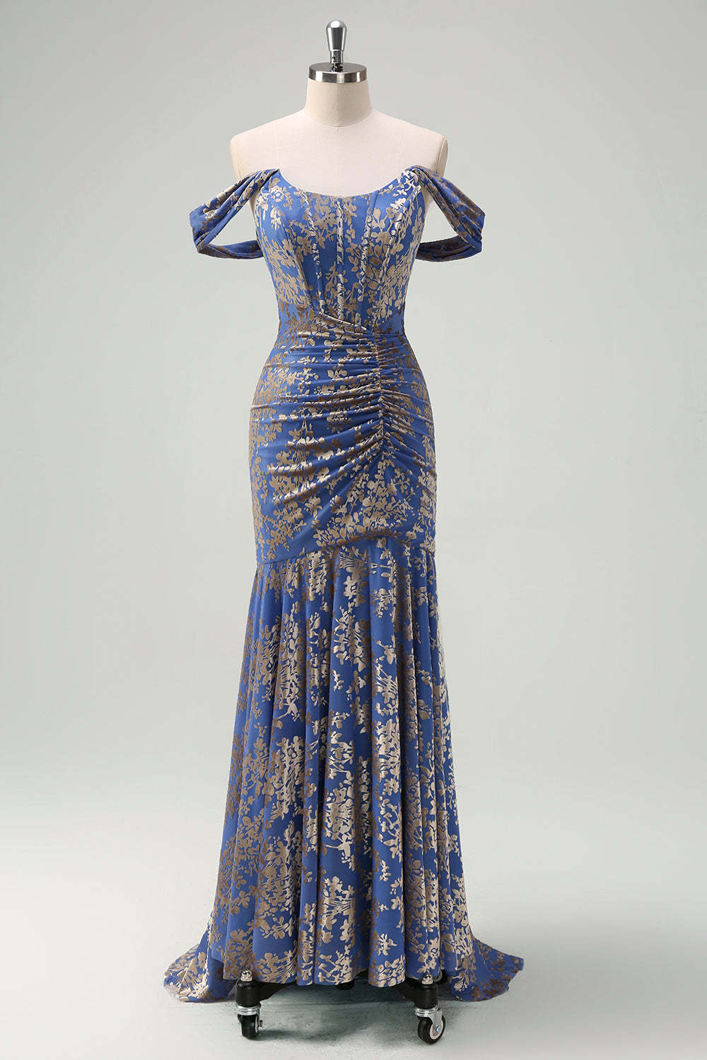 Grey Blue Mermaid Ruched Burnout Velvet Bridesmaid Dress