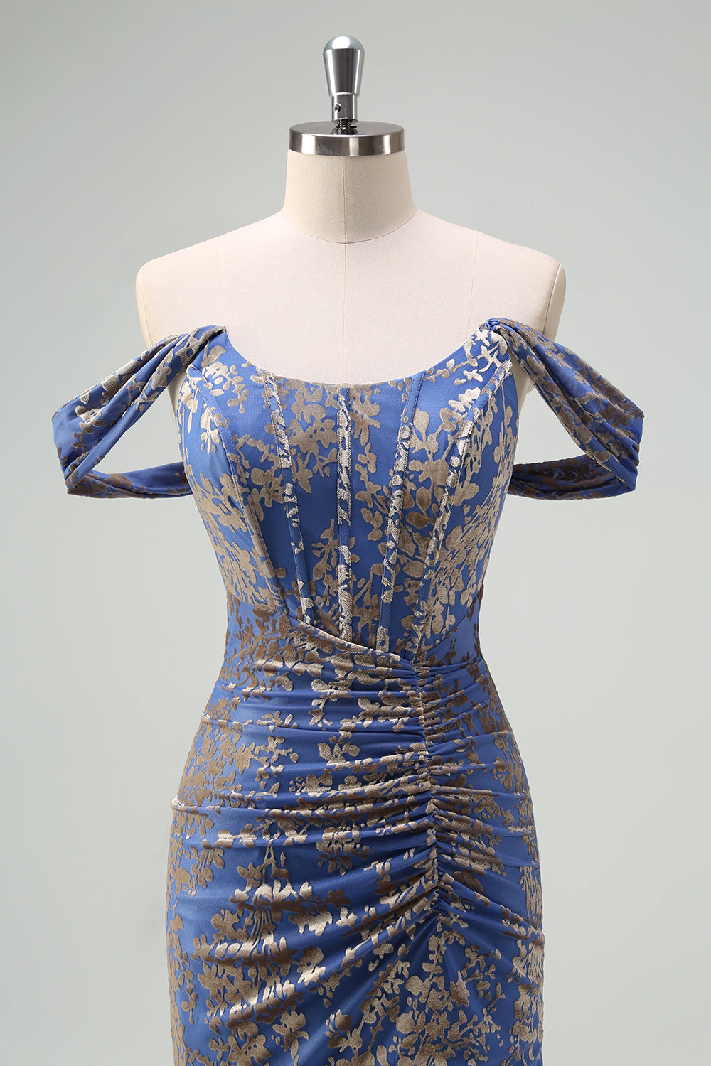 Grey Blue Floral Ruched Off The Shoulder Bodycon Prom Dress