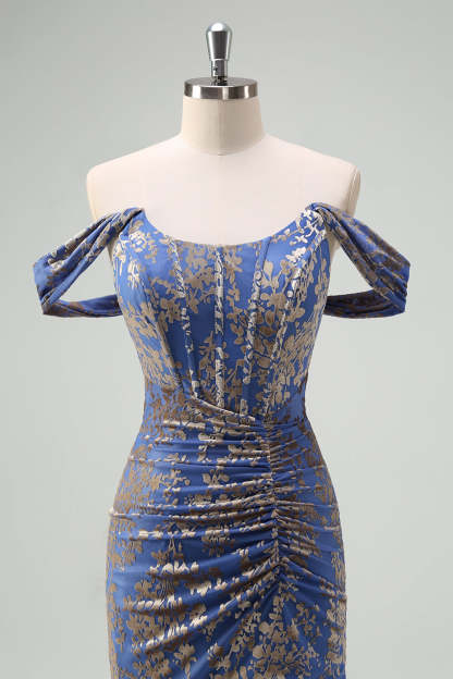 Grey Blue Floral Ruched Off The Shoulder Bodycon Prom Dress