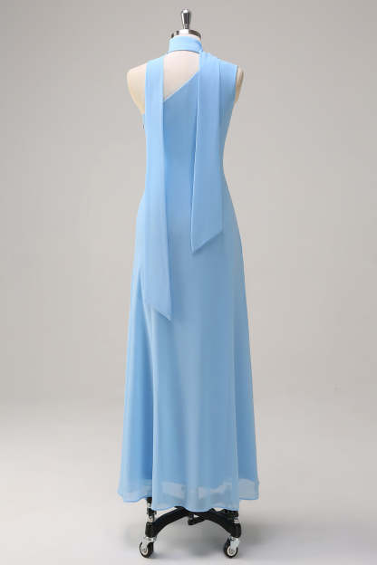 Blue One Shoulder Sheath Chiffon Bridesmaid Dress with Ribbon