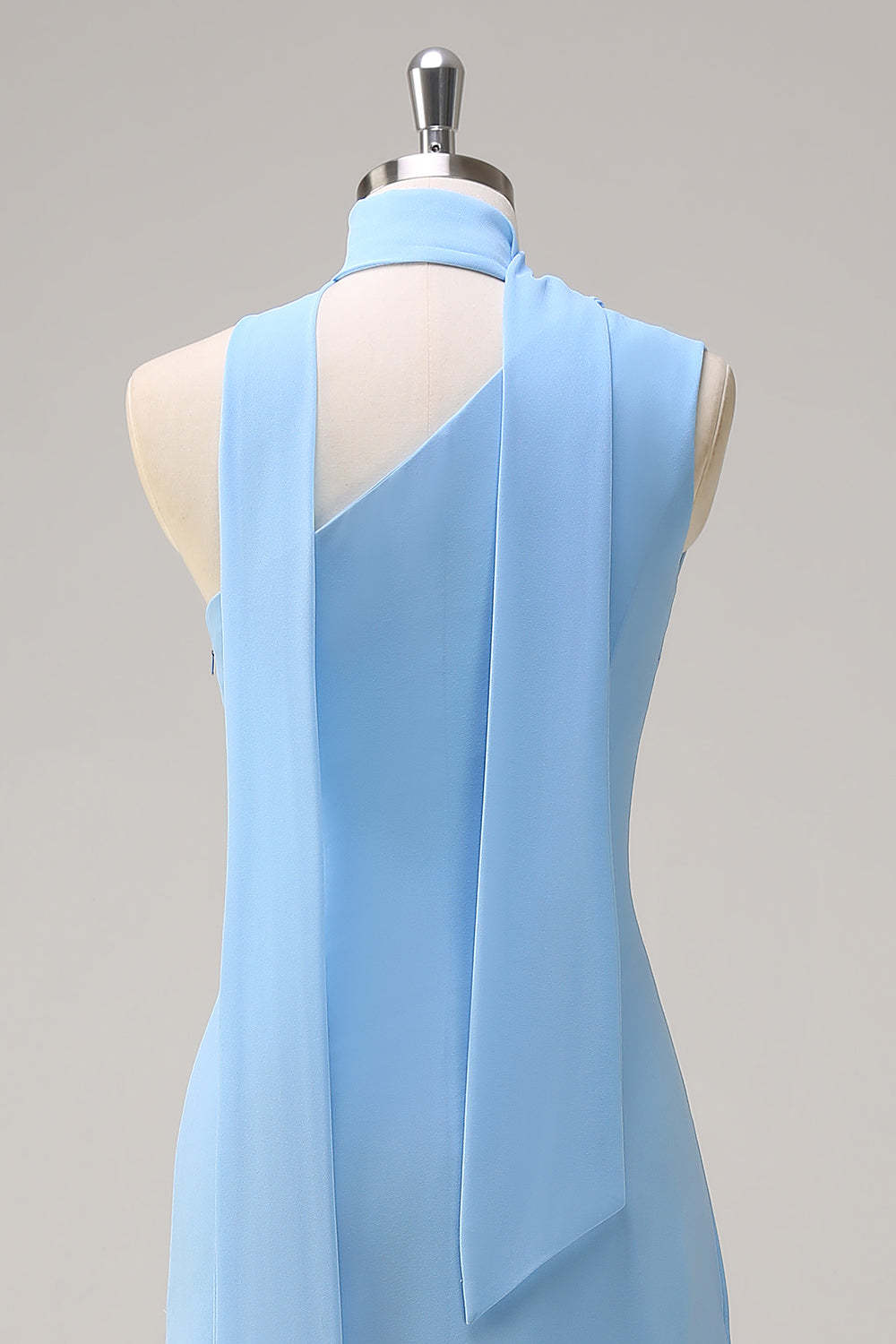 Blue One Shoulder Sheath Chiffon Bridesmaid Dress with Ribbon