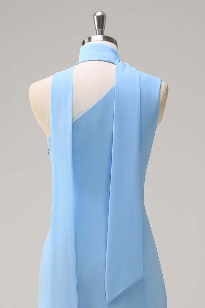Blue One Shoulder Sheath Chiffon Bridesmaid Dress with Ribbon