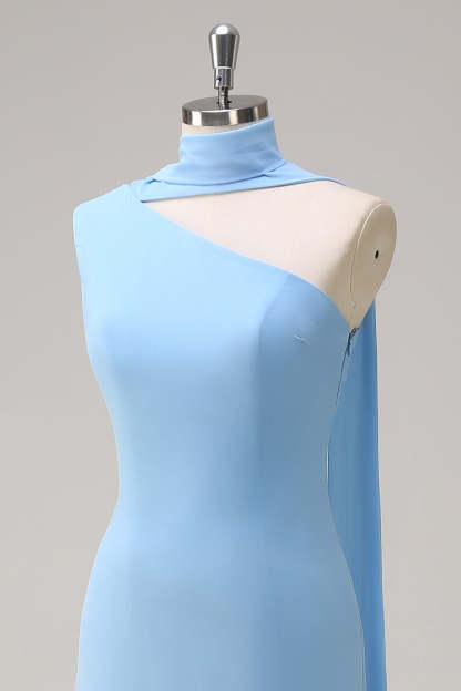 Blue One Shoulder Sheath Chiffon Bridesmaid Dress with Ribbon