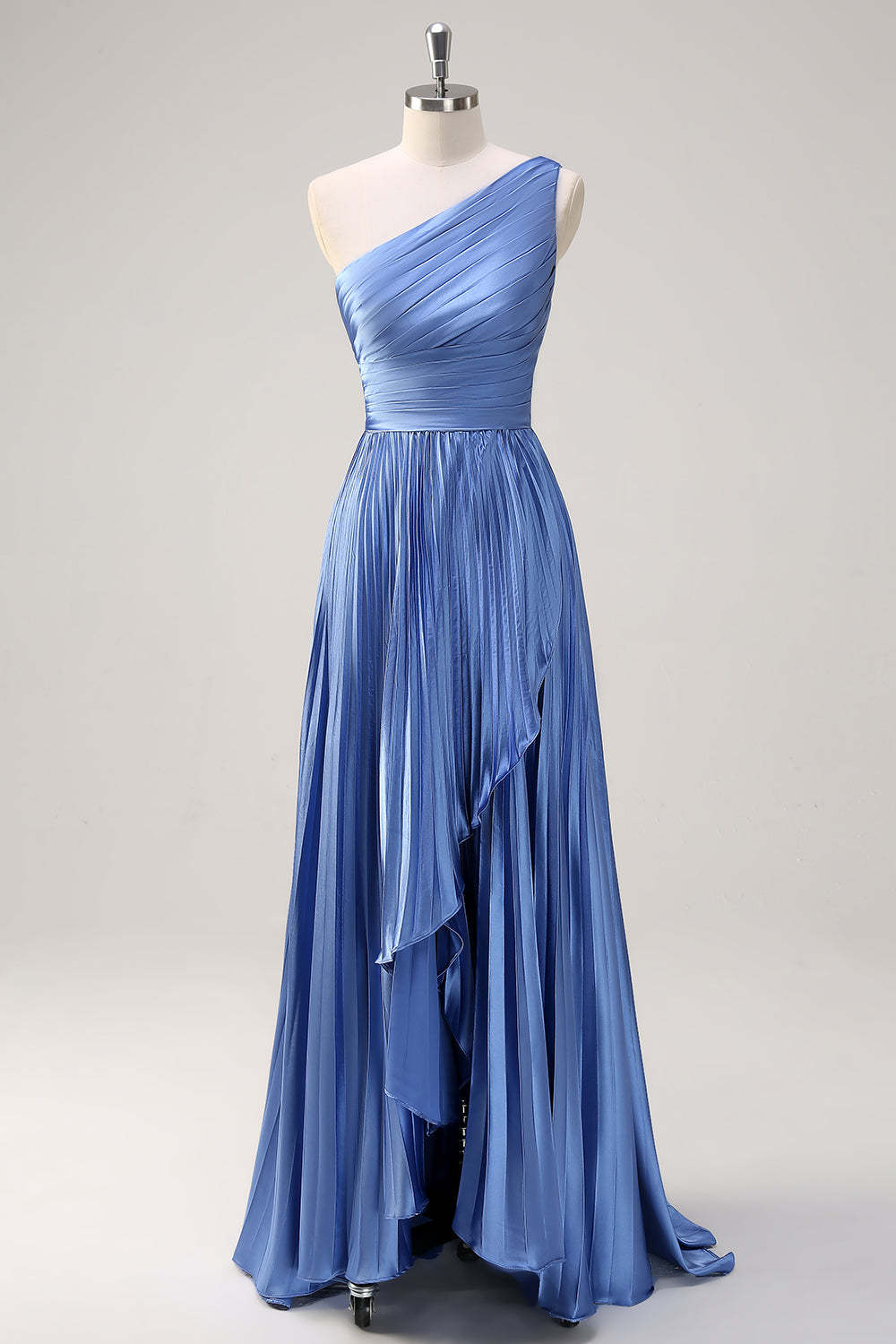 Blue One Shoulder Pleated Satin A-Line Bridesmaid Dress with Slit