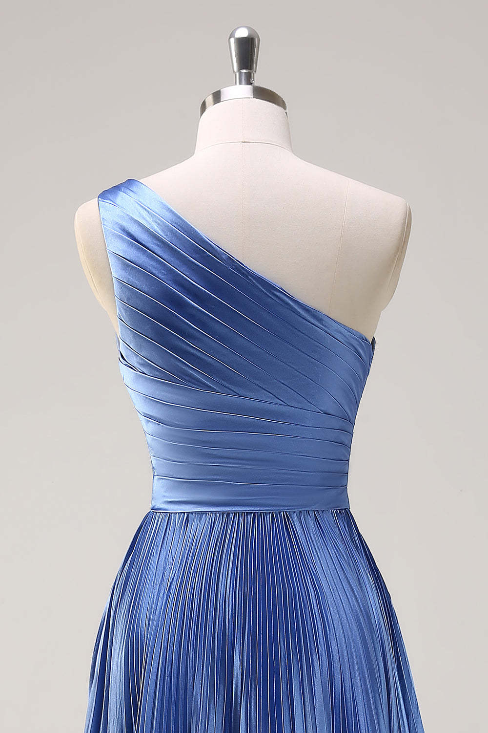 Blue One Shoulder Pleated Satin A-Line Bridesmaid Dress with Slit