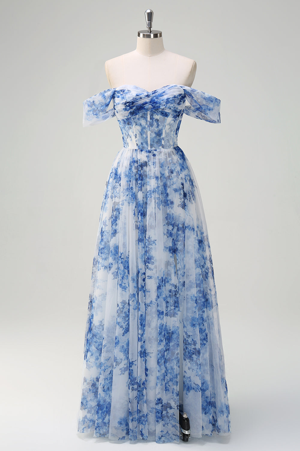 Leely Women White Blue Flower Printed Bridesmaid Dress with Slit Off the Shoulder A-Line Wedding Guest Dress with Detachable Sleeves