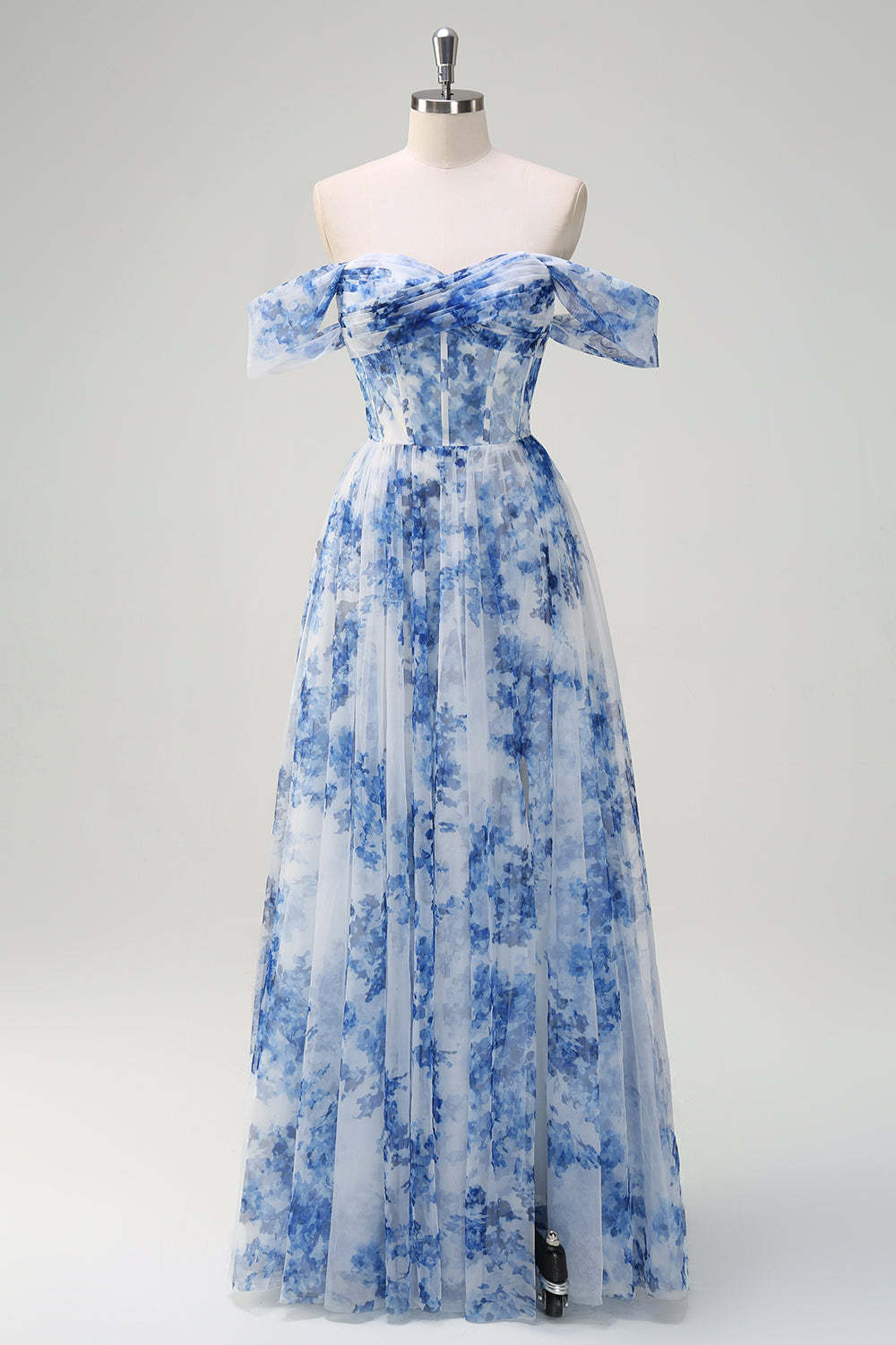 Leely Women White Blue Flower Printed Bridesmaid Dress with Slit Off the Shoulder A-Line Wedding Guest Dress with Detachable Sleeves