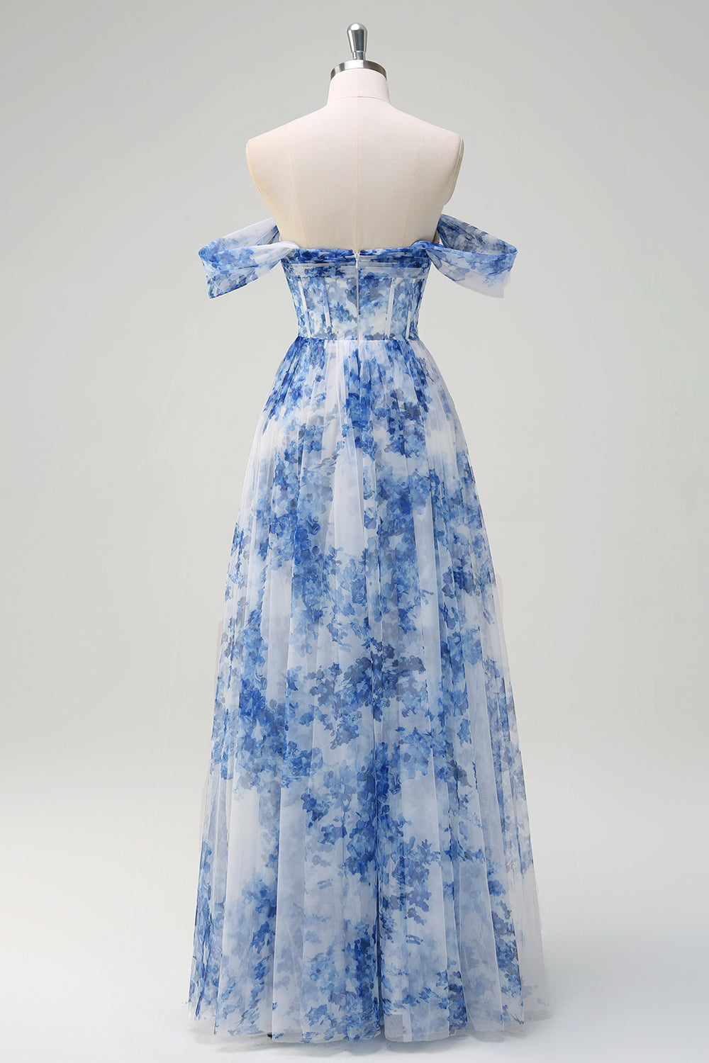 White Blue Flower Off the Shoulder Printed Bridesmaid Dress with Slit
