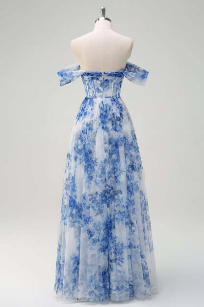 White Blue Flower Off the Shoulder Printed Bridesmaid Dress with Slit