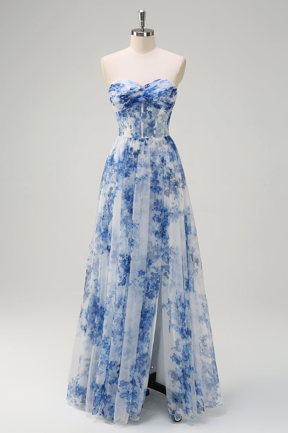 White Blue Flower Off the Shoulder Printed Bridesmaid Dress with Slit