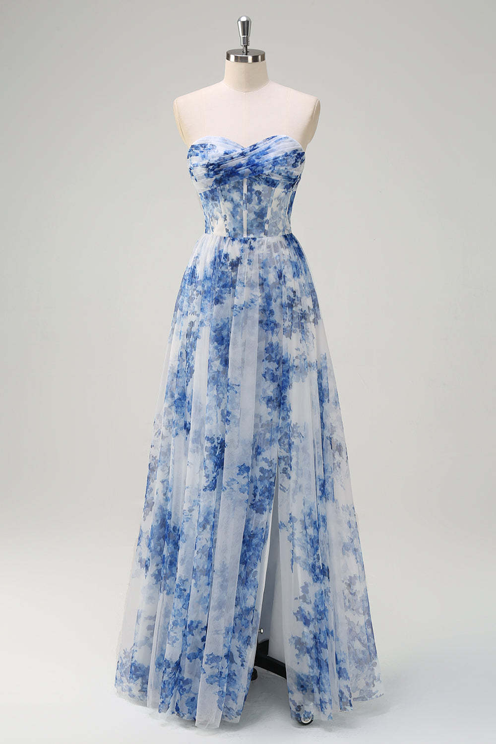 White Blue Flower Off the Shoulder Printed Bridesmaid Dress with Slit