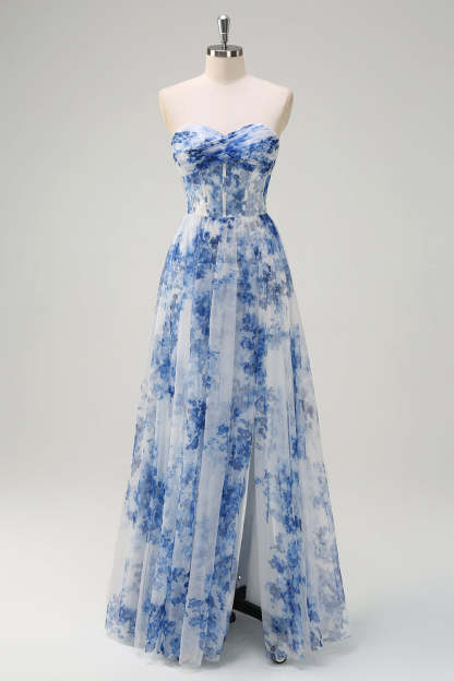 White Blue Flower Off the Shoulder Printed Bridesmaid Dress with Slit
