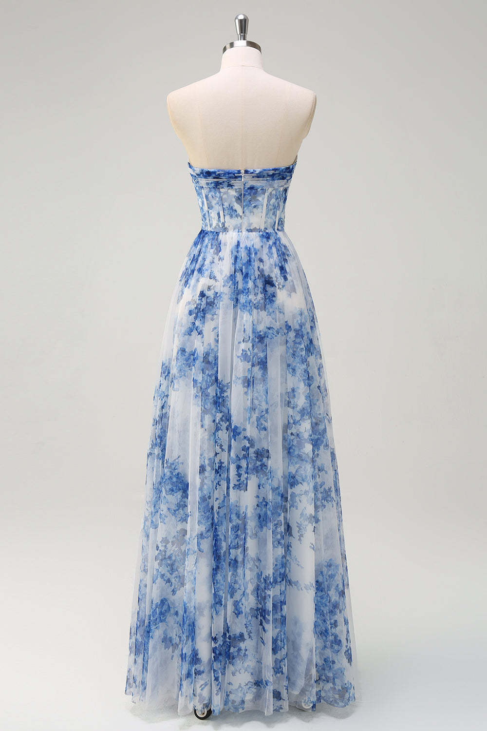 White Blue Flower Off the Shoulder Printed Bridesmaid Dress with Slit