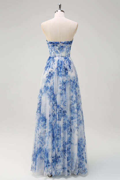 White Blue Flower Off the Shoulder Printed Bridesmaid Dress with Slit