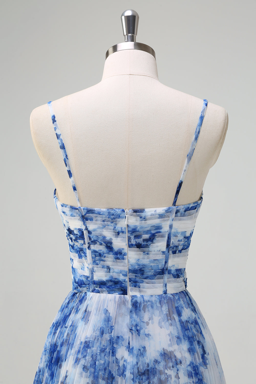 White Blue Flower Spaghetti Straps Pleated A-Line Bridesmaid Dress