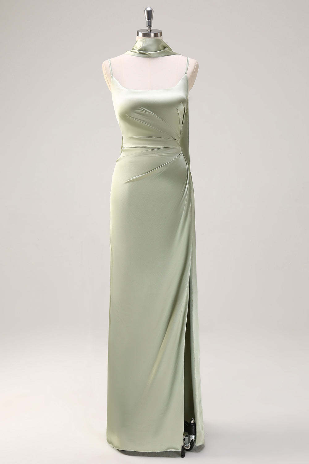Leely Women Sage Sheath Satin Bridesmaid Dress with Ribbon Scoop Neck Spaghetti Straps Long Wedding Guest Dress with Slit