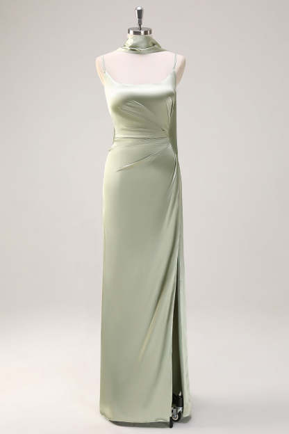 Leely Women Sage Sheath Satin Bridesmaid Dress with Ribbon Scoop Neck Spaghetti Straps Long Wedding Guest Dress with Slit