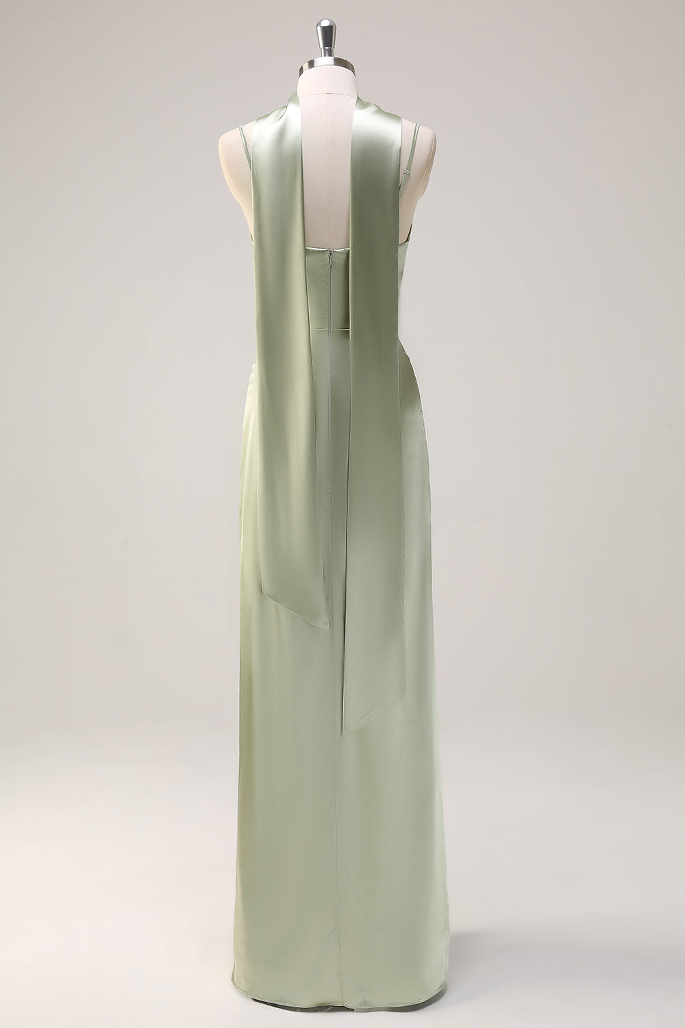 Sage Scoop Neck Sheath Satin Bridesmaid Dress with Ribbon