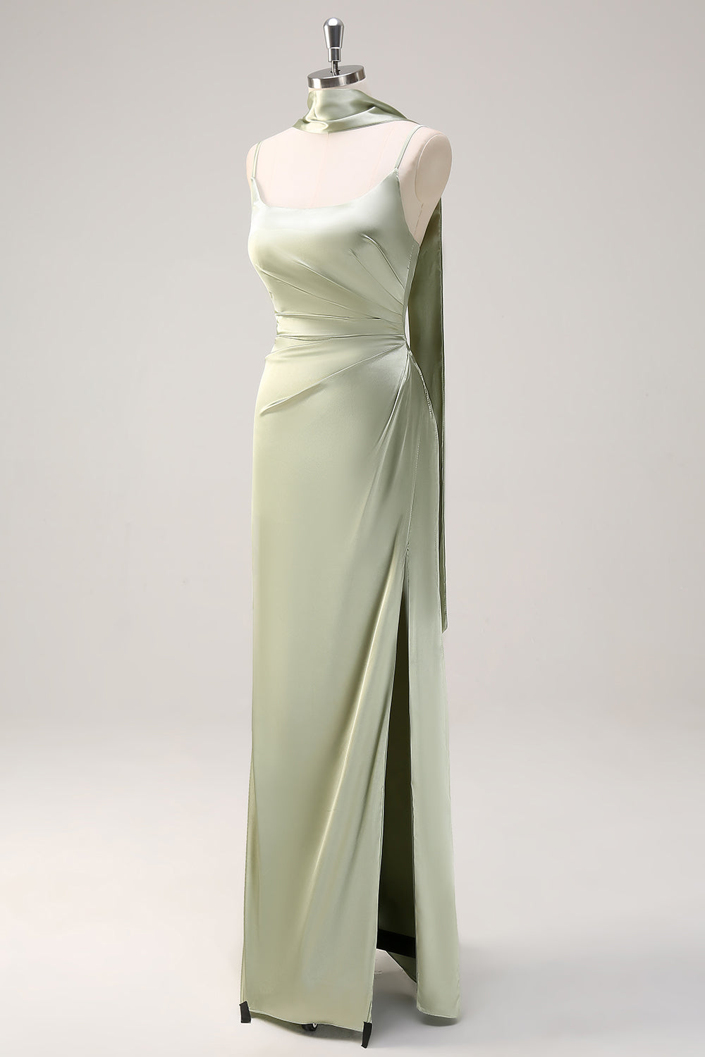 Sage Scoop Neck Sheath Satin Bridesmaid Dress with Ribbon