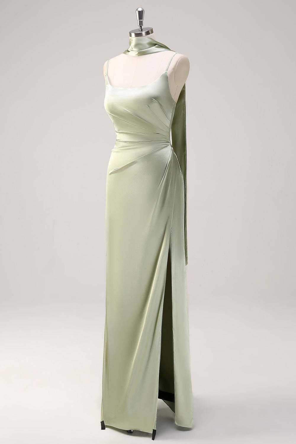 Sage Scoop Neck Sheath Satin Bridesmaid Dress with Ribbon