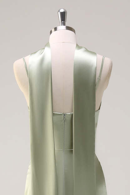 Sage Scoop Neck Sheath Satin Bridesmaid Dress with Ribbon