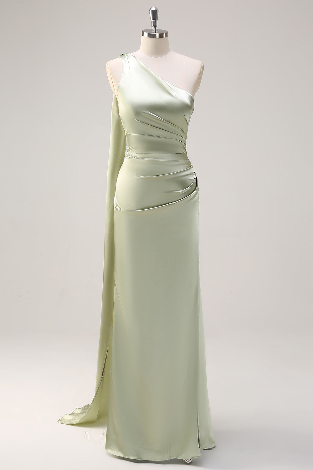 Leely Women Sage One Shoulder Sheath Satin Bridesmaid Dress with Slit Watteau Train Formal Dress with Detachable Ribbon