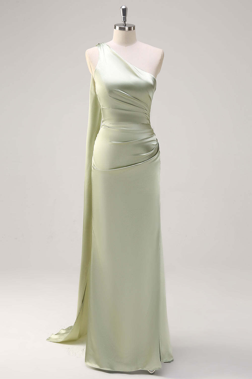 Leely Women Sage One Shoulder Sheath Satin Bridesmaid Dress with Slit Watteau Train Formal Dress with Detachable Ribbon