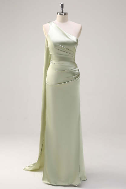 Leely Women Sage One Shoulder Sheath Satin Bridesmaid Dress with Slit Watteau Train Formal Dress with Detachable Ribbon