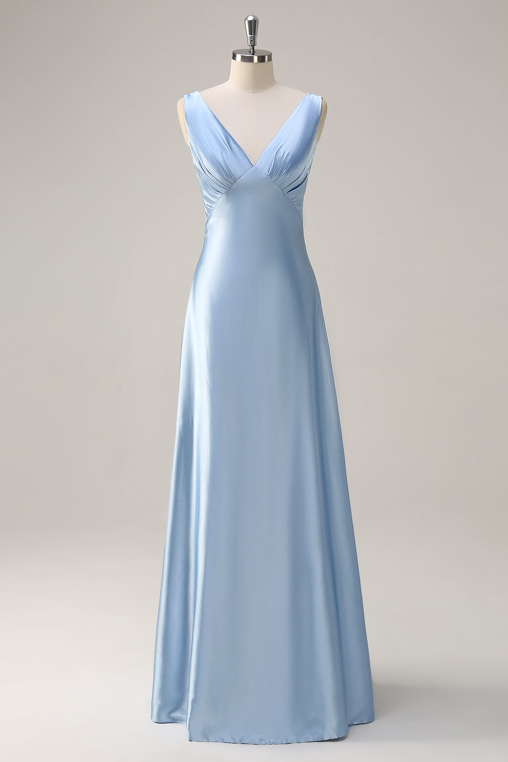 Leely Women Simple Sky Blue Satin A-Line Bridesmaid Dress V-Neck Long Wedding Guest Dress