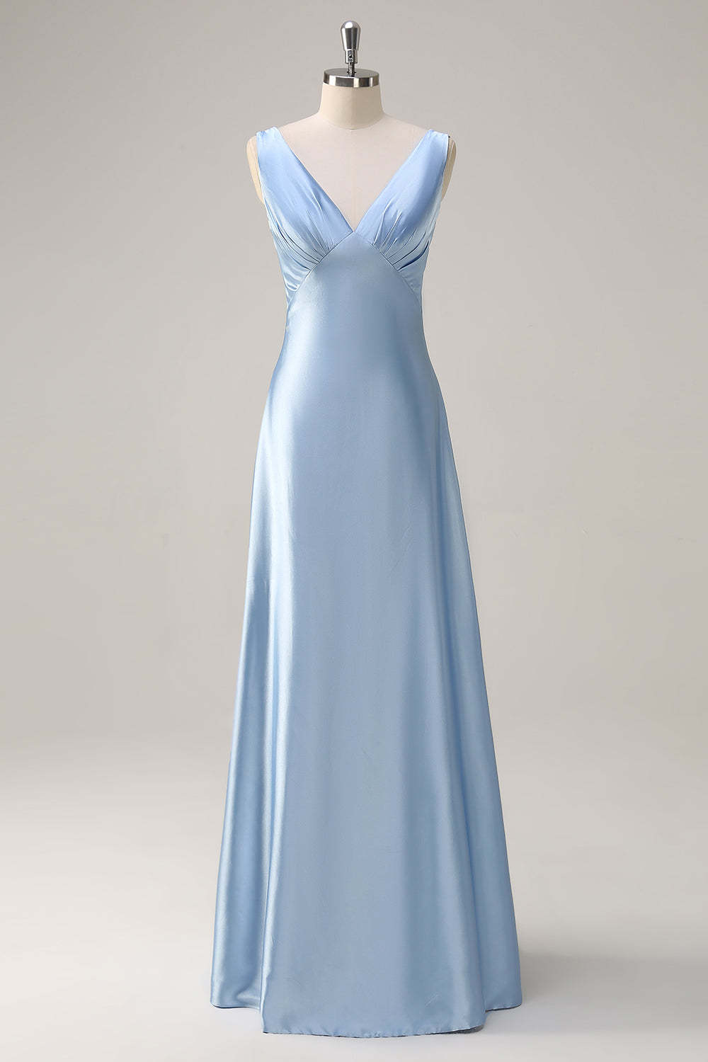 Leely Women Simple Sky Blue Satin A-Line Bridesmaid Dress V-Neck Long Wedding Guest Dress