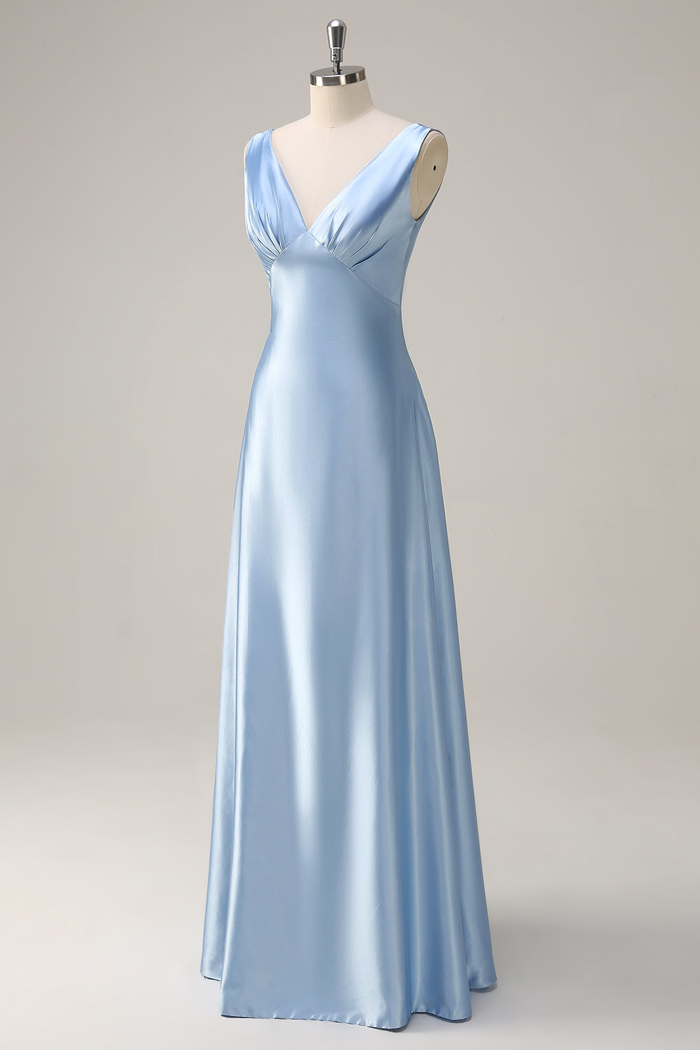 Simple Sky Blue V-Neck Satin A-Line Bridesmaid Dress