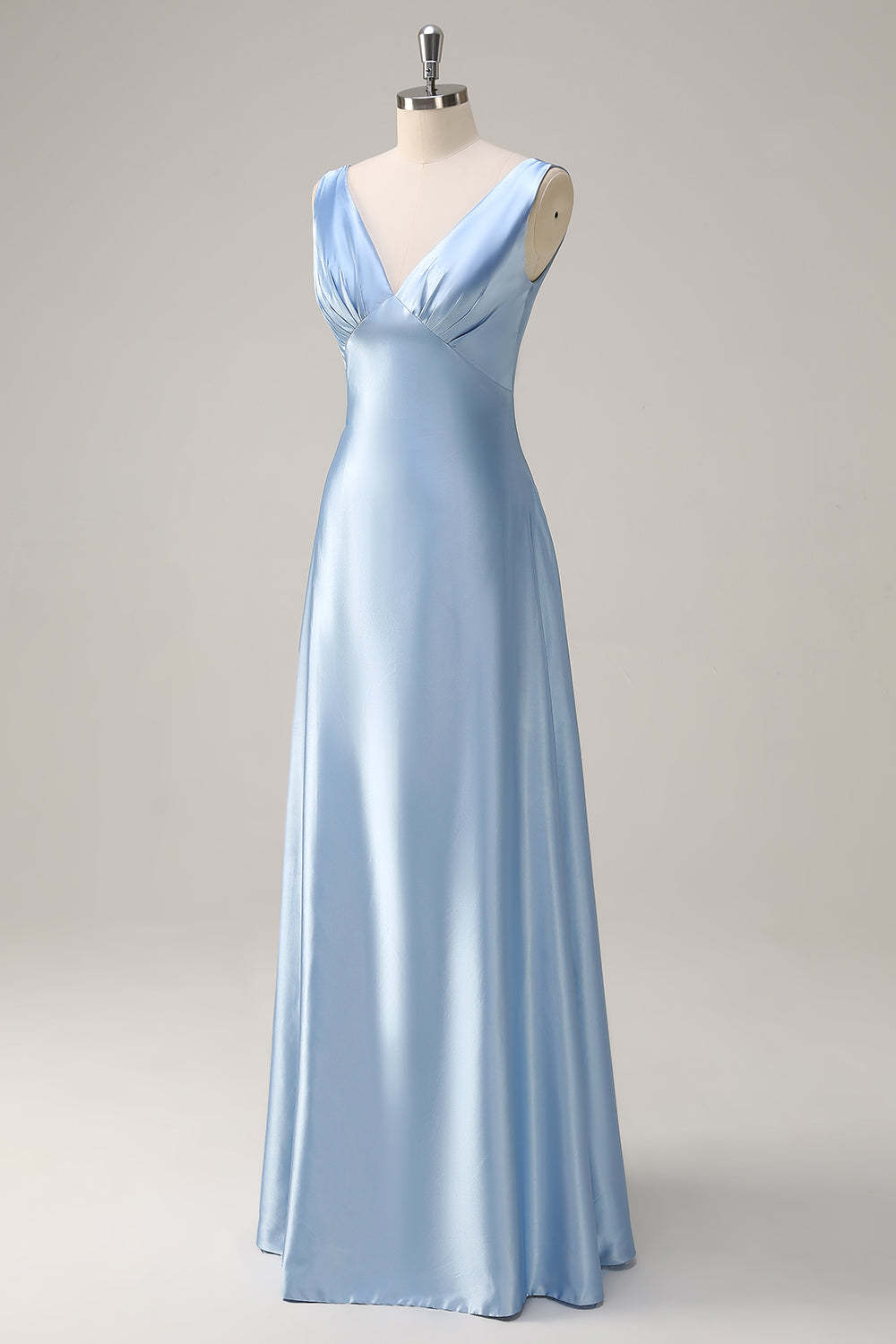 Simple Sky Blue V-Neck Satin A-Line Bridesmaid Dress