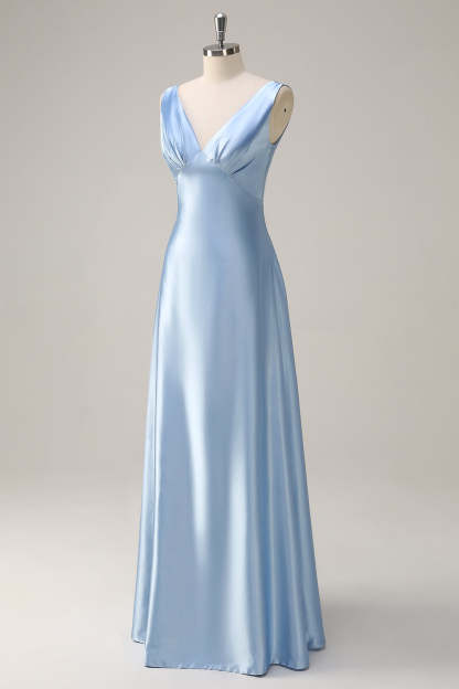 Simple Sky Blue V-Neck Satin A-Line Bridesmaid Dress