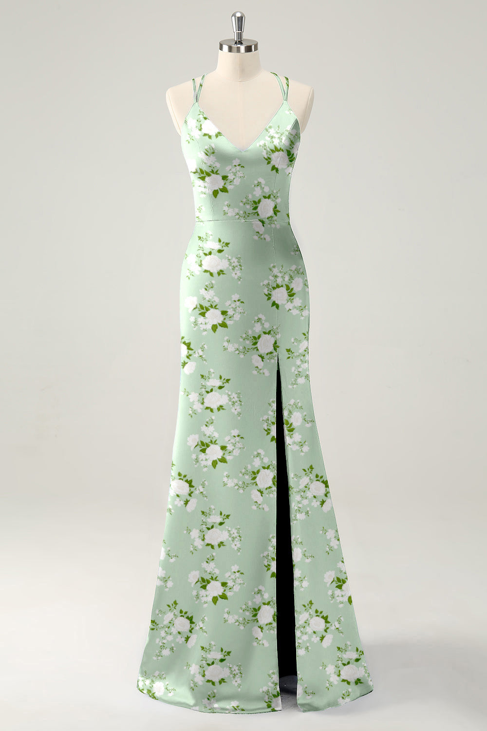 Navy Bloom V-Neck Mermaid Floral Bridesmaid Dress with Slit