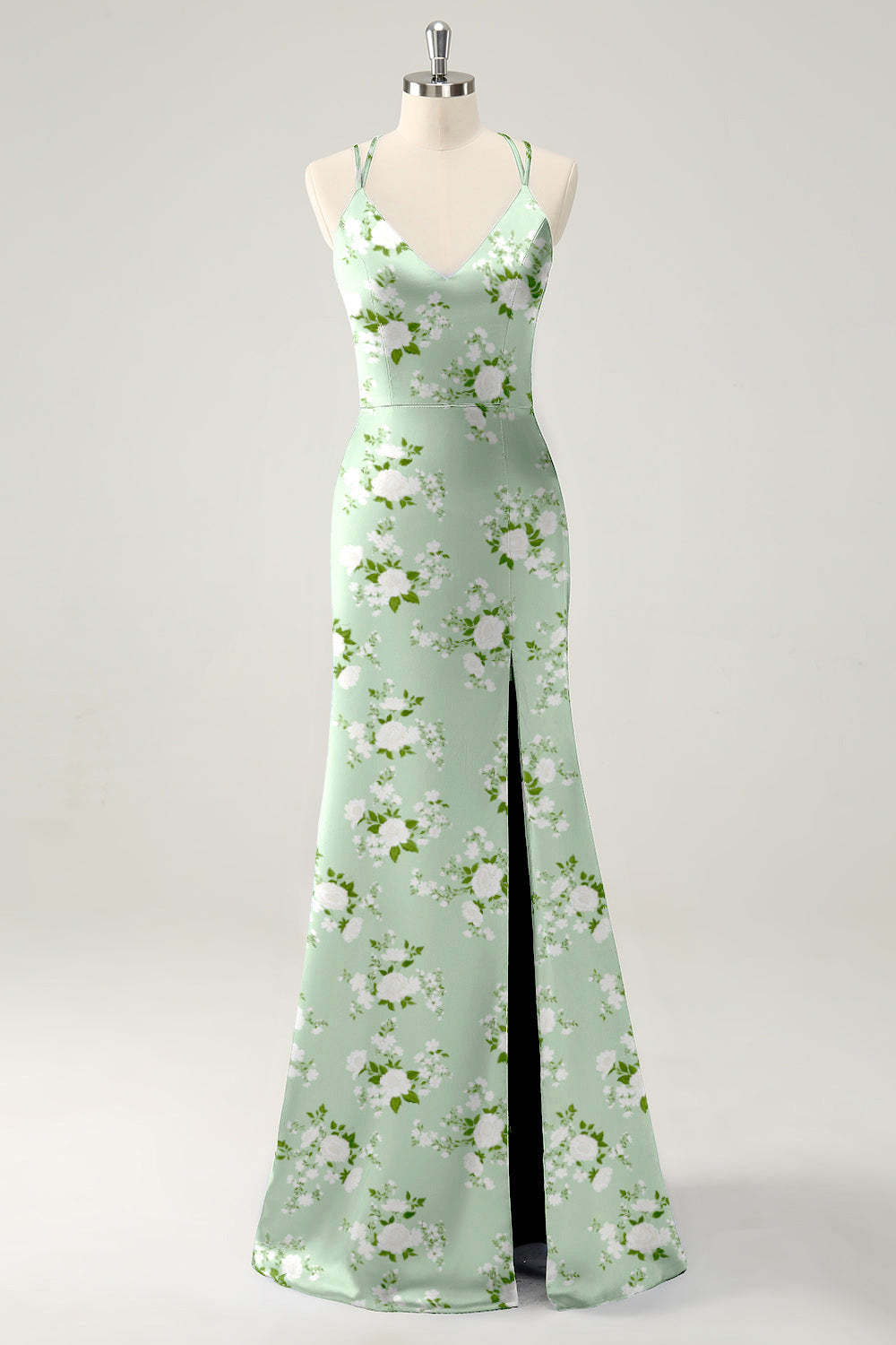 Navy Bloom V-Neck Mermaid Floral Bridesmaid Dress with Slit