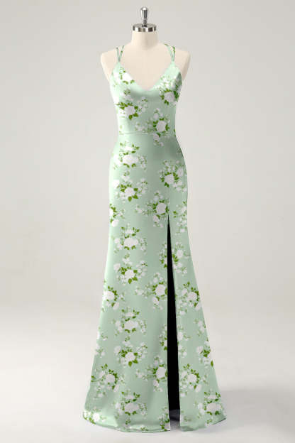 Navy Bloom V-Neck Mermaid Floral Bridesmaid Dress with Slit