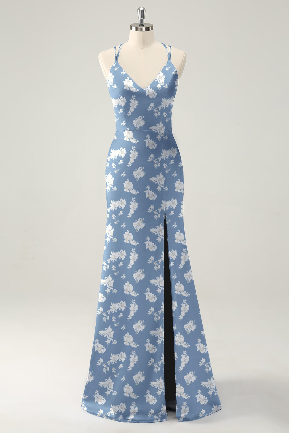 Navy Bloom V-Neck Mermaid Floral Bridesmaid Dress with Slit