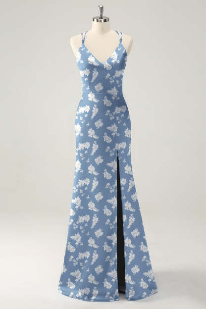Navy Bloom V-Neck Mermaid Floral Bridesmaid Dress with Slit