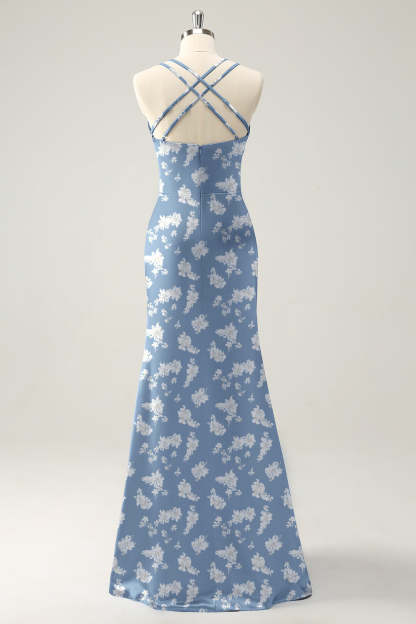 Navy Bloom V-Neck Mermaid Floral Bridesmaid Dress with Slit