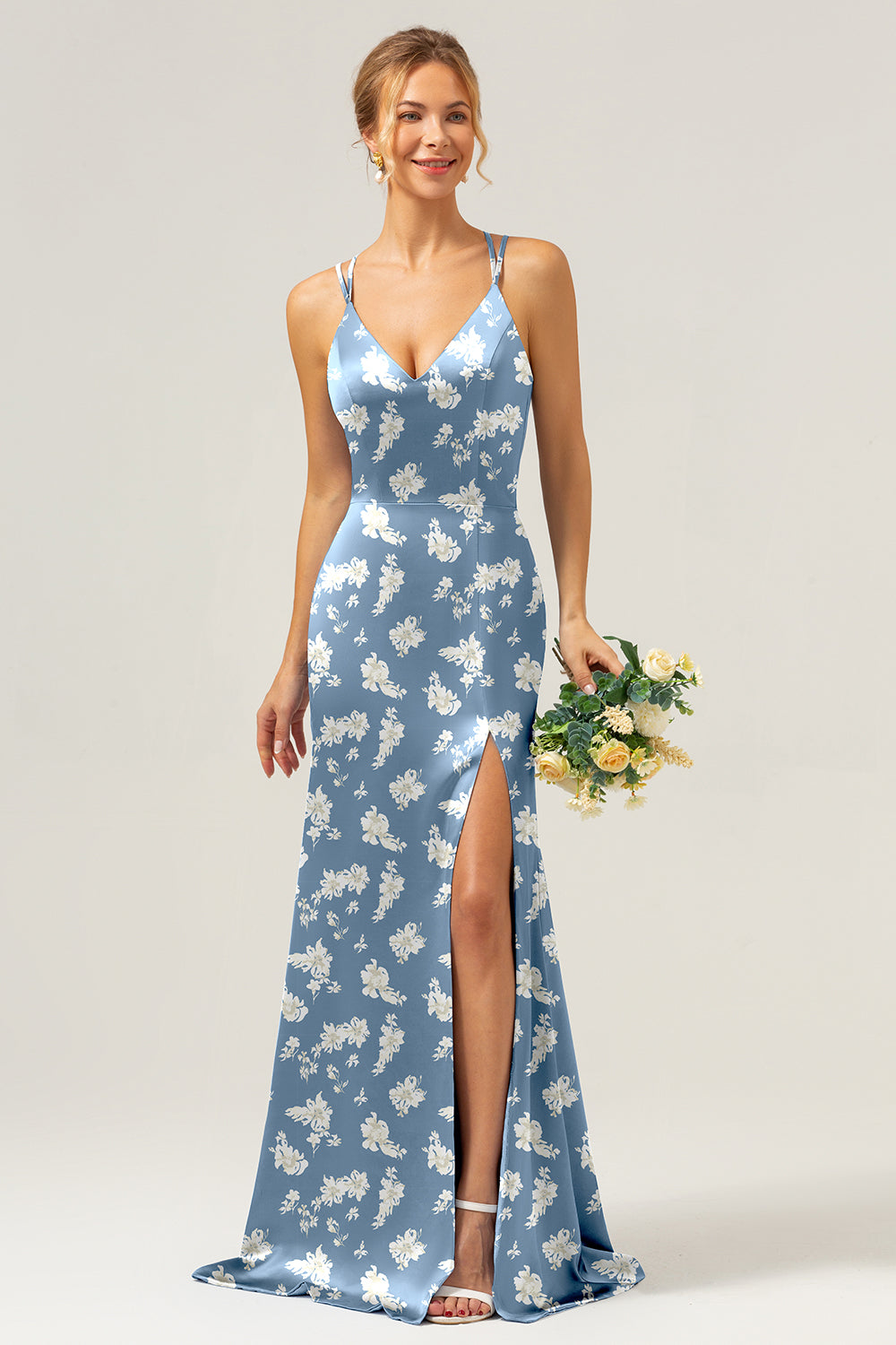 Navy Bloom V-Neck Mermaid Floral Bridesmaid Dress with Slit